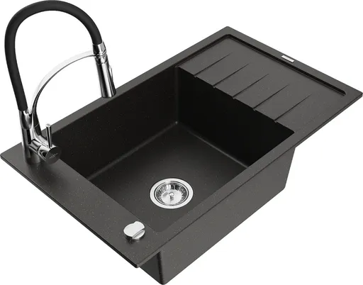 MEXEN/S Elias granitový dřez s odkapávačem včetně baterie Aster, černá/zlatá metalik 6511-75-73450-70