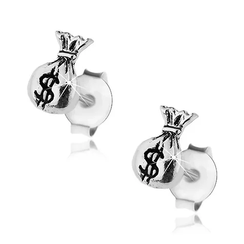 Stříbrné náušnice 925, lesklý měšec, symbol amerického dolaru