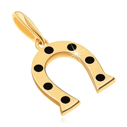 Přívěsek ve žlutém 14K zlatě, symbol štěstí - podkovička s černými puntíky