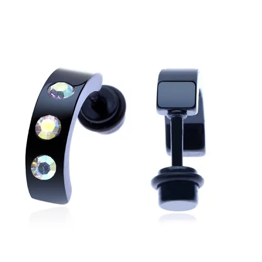 Černý falešný ocelový plug - zaoblený pás se třemi duhovými zirkony