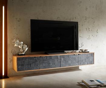TV stolek Teele 200 cm přírodní akácie břidlice 4 dvířka