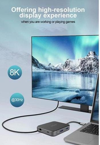 Acer 7in1 USB4 8K Multi Display húb: 1x HDMI (až 8K @ 30Hz), 1x Display Port (až 8K @ 30Hz), 1x USB-C (Data Transfer až 40Gb