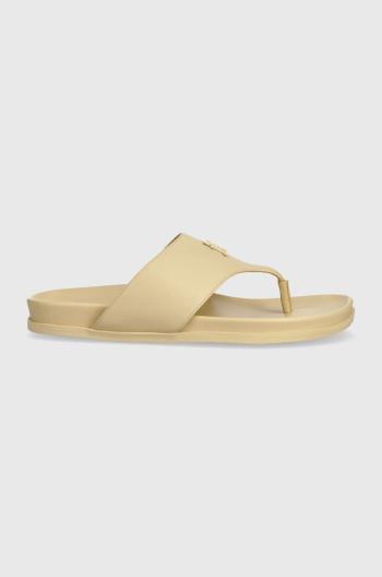 Kožené žabky Tommy Hilfiger THONG COMFORT SANDAL dámské, béžová barva, na plochém podpatku, FW0FW08042