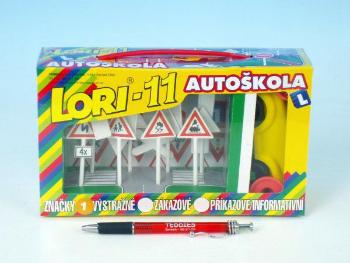 LORI 11 Stavebnice Autoškola Dopravní značky 16ks+2 kužely+auto plast v krabici 22x13x6cm