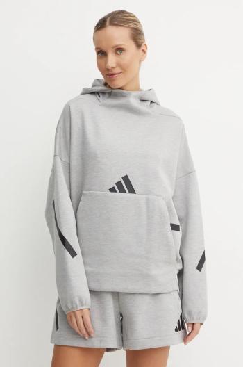 Mikina adidas ZNE dámská, šedá barva, s kapucí, s potiskem, JD9592