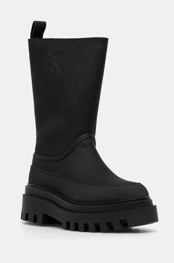 Holínky Calvin Klein Jeans FLATFORM RAINBOOT HIGH MG R dámské, černá barva, YW0YW01559