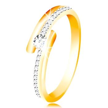 Zlatý prsteň 585 - rozdvojené ramená s kombináciou bieleho zlata, vystúpený okrúhly zirkón čírej farby - Veľkosť: 56 mm