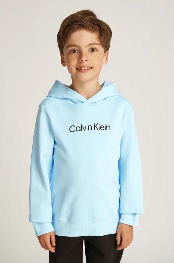 Dětská bavlněná mikina Calvin Klein Jeans 0 modrá barva, s kapucí, s aplikací, IU0IU00679