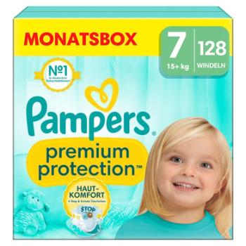 Pampers Protection Large Plenky Premium , velikost 7 Extra , 15 kg+, měsíční balení (1x 128 plenek)