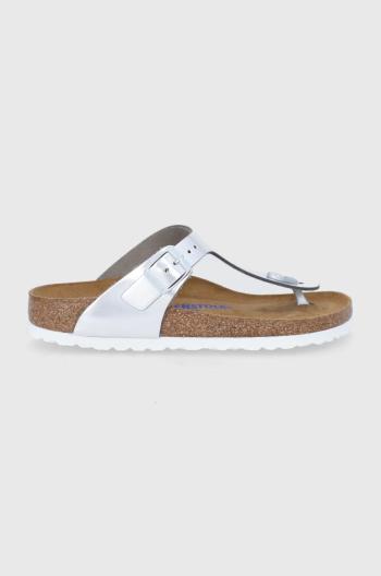 Kožené žabky Birkenstock Gizeh dámské, stříbrná barva, na plochém podpatku, 1003675