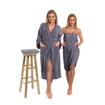 Interkontakt Sada Dark Grey: župan KIMONO + dámský saunový kilt + osuška
