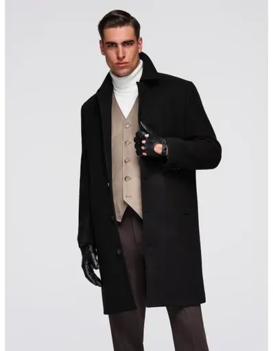 Pánský dlouhý jednořadový kabát s límcem a podšívkou – černý V1 OM-COWC-0135