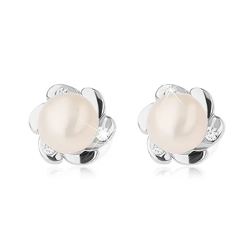 Stříbrné 925 náušnice, kvítek s hladkými a zirkonovými okvětními lístky, bílá perla