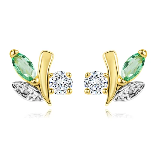 Zlaté náušnice 585 - větvička s listy, zelený smaragd, čirý diamant