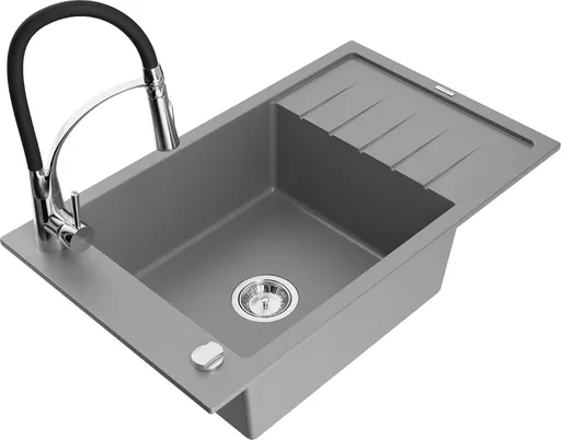 MEXEN/S Elias granitový dřez 1 s odkapávačem včetně baterie Aster, šedá 6511-71-73450-07