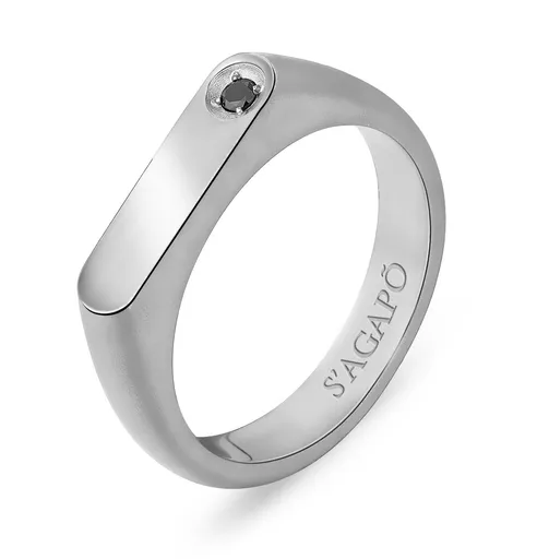 S'Agapõ Pánský ocelový prsten s černým zirkonem Tag Me Too STG33 63 mm