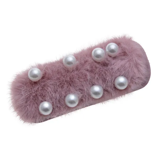 Světle růžová chlupatá spona do vlasů s perličkami Clayre & Eef