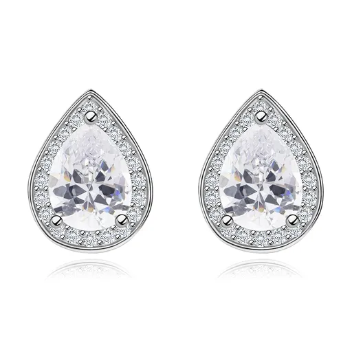 Náušnice ze stříbra 925, čirá zirkonová slza ve třpytivém obrysu, rhodiované