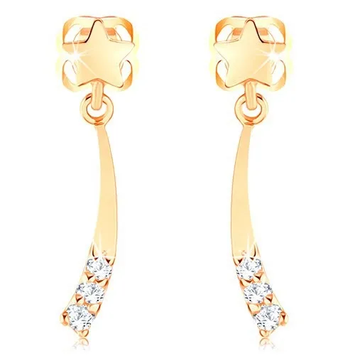 Zlaté náušnice 585 - lesklá kometa zdobená čirými diamanty