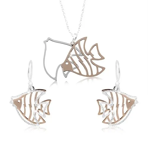 Stříbrný set 925, vyřezávané ryby stříbrné a měděné barvy