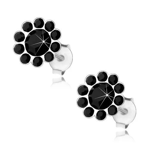 Puzetové náušnice, stříbro 925, květ z krystalků Preciosa černé barvy