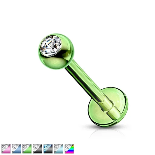Labret z chirurgické oceli - kulička se zirkonem, povrch anodizovaný titanem - Rozměr: 1,2 mm x 6 mm, Barva zirkonu: Duhová - WR