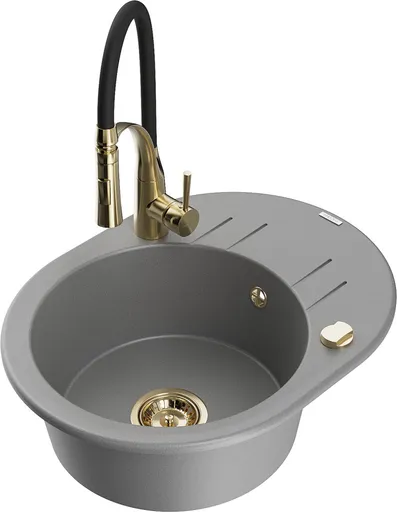 MEXEN/S Kevin granitový dřez s odkapávačem včetně baterie Aster, šedá 6517-71-73450-57-G