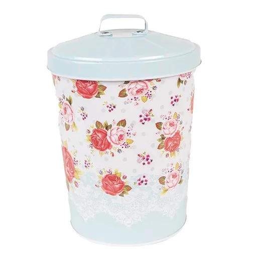 Modrý kovový box s víkem a květy růží Rossai - Ø 15*20 cm Clayre & Eef