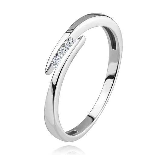 Prsten z bílého 14K zlata - tenká lesklá ramena, tři blýskavé čiré brilianty - Velikost: 49