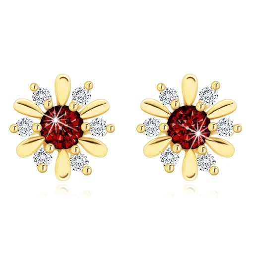 Náušnice ze žlutého 14K zlata - kvítek s oranžovočerveným granátem, čiré zirkony