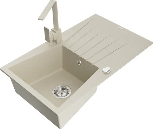 MEXEN/S Cesar granitový dřez 1-miska s odkapávačem včetně baterie Rita, béžový 6514-69-670300-69