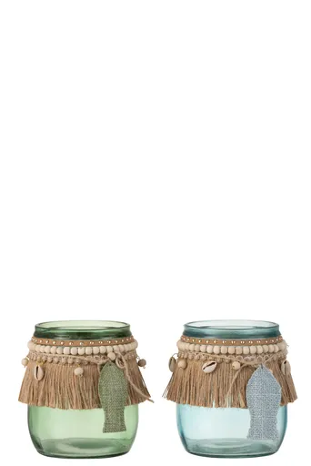2 ks skleněných dóziček zdobených jutou a mušličkami - 12*12*12,8 cm J-Line by Jolipa