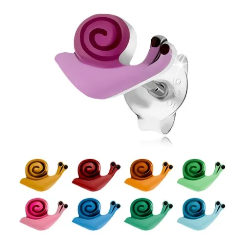 Stříbrné puzetové náušnice 925, barevný šneček s lesklou ulitou - Barva: Červená