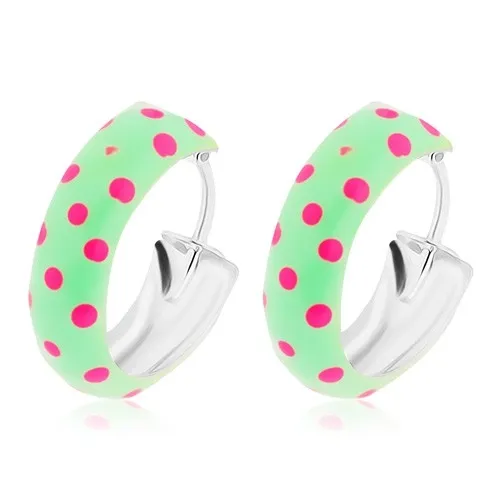 Kruhové stříbrné 925 náušnice, zelená glazura s růžovými puntíky, 14 mm