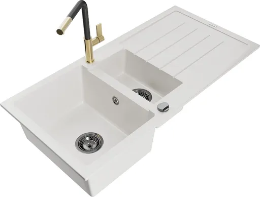 MEXEN/S Andres granitový dřez s odkapávačem včetně baterie Flora, bílá 6515-20-670401-57-B