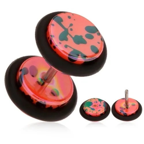 Neónovo oranžový falošný plug do ucha, akrylový, olejové škvrny