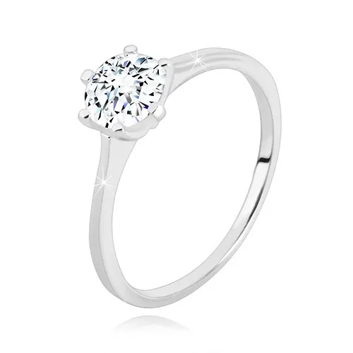 Stříbrný 925 prsten - úzká ramena, blýskavý zirkon v transparentním odstínu, 6 mm - Velikost: 49