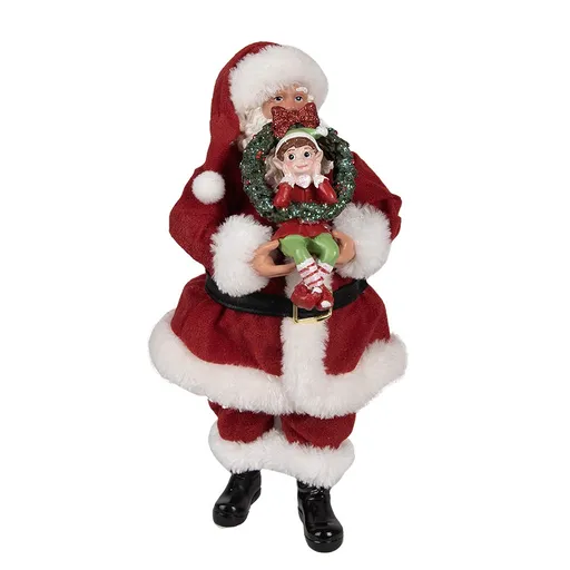 Vánoční dekorace taťka Santa Claus držící věneček s Elfem - 16*8*28 cm Clayre & Eef