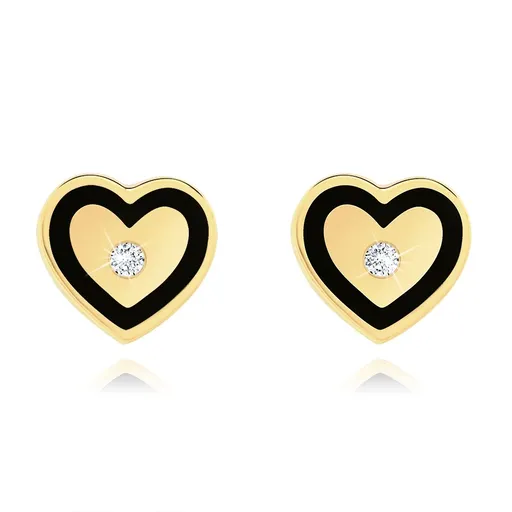 Zlaté náušnice 14K ve tvaru srdce s černým konturem a zirkonem