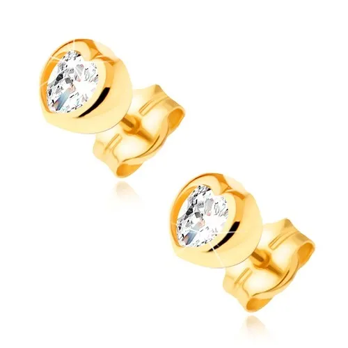 Zlaté puzetové náušnice 14K srdce s čirými zirkony