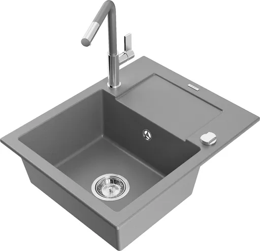 MEXEN/S Enzo granitový dřez 1-miska s odkapávačem včetně baterie Flora, šedá 6506-71-670401-06