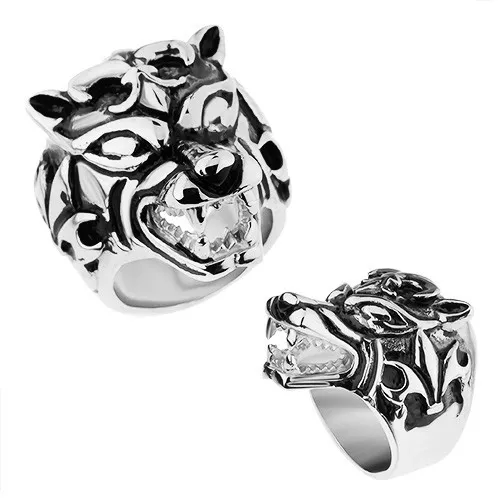 Masivní prsten z oceli 316L, vypouklý patinovaný vlk, Fleur de Lis - Velikost: 57