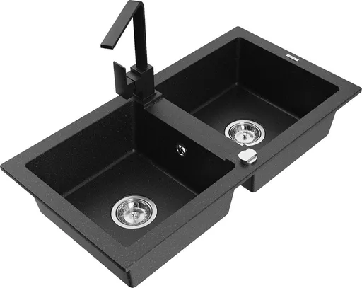 MEXEN/S Mario granitový dřez 2-bowly včetně baterie Rita, černý/stříbrný metalik 6504-73-670300-70