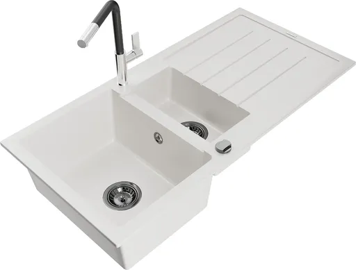 MEXEN/S Andres granitový dřez s odkapávačem včetně baterie Flora, bílá 6515-20-670401-07-B