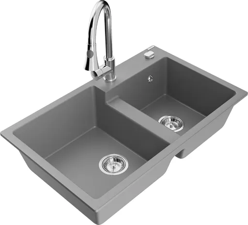MEXEN/S Tomas granitový dřez 2-bowl včetně baterie Elia, šedá 6516-71-670101-00