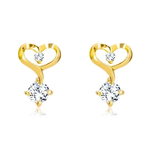 Briliantové náušnice ve 14K žlutém zlatě - kontura srdce s diamanty