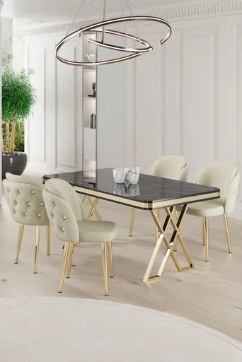 Dining Table & Chairs Set (5 Pieces) Rigel - Black Marble, Gold, Cream