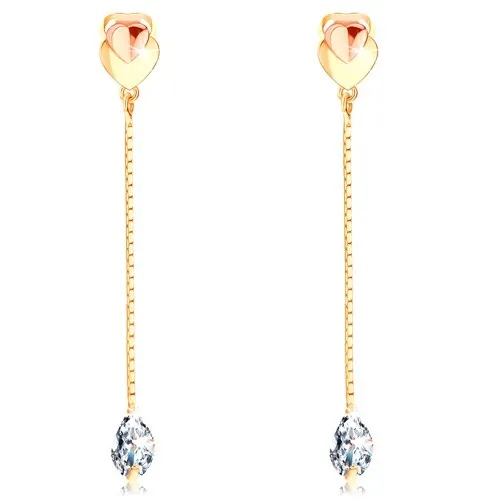 Visací náušnice ze 14K zlata - dvoubarevná srdíčka, čirá kapka na řetízku