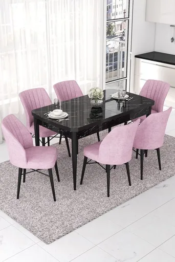 Extendable Dining Table & Chairs Set (7 Pieces) Nef - Black Marble, Pink
