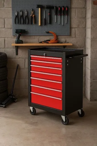Pojízdný dílenský vozík se 7 zásuvkami a zámkem, 61 x 77 cm